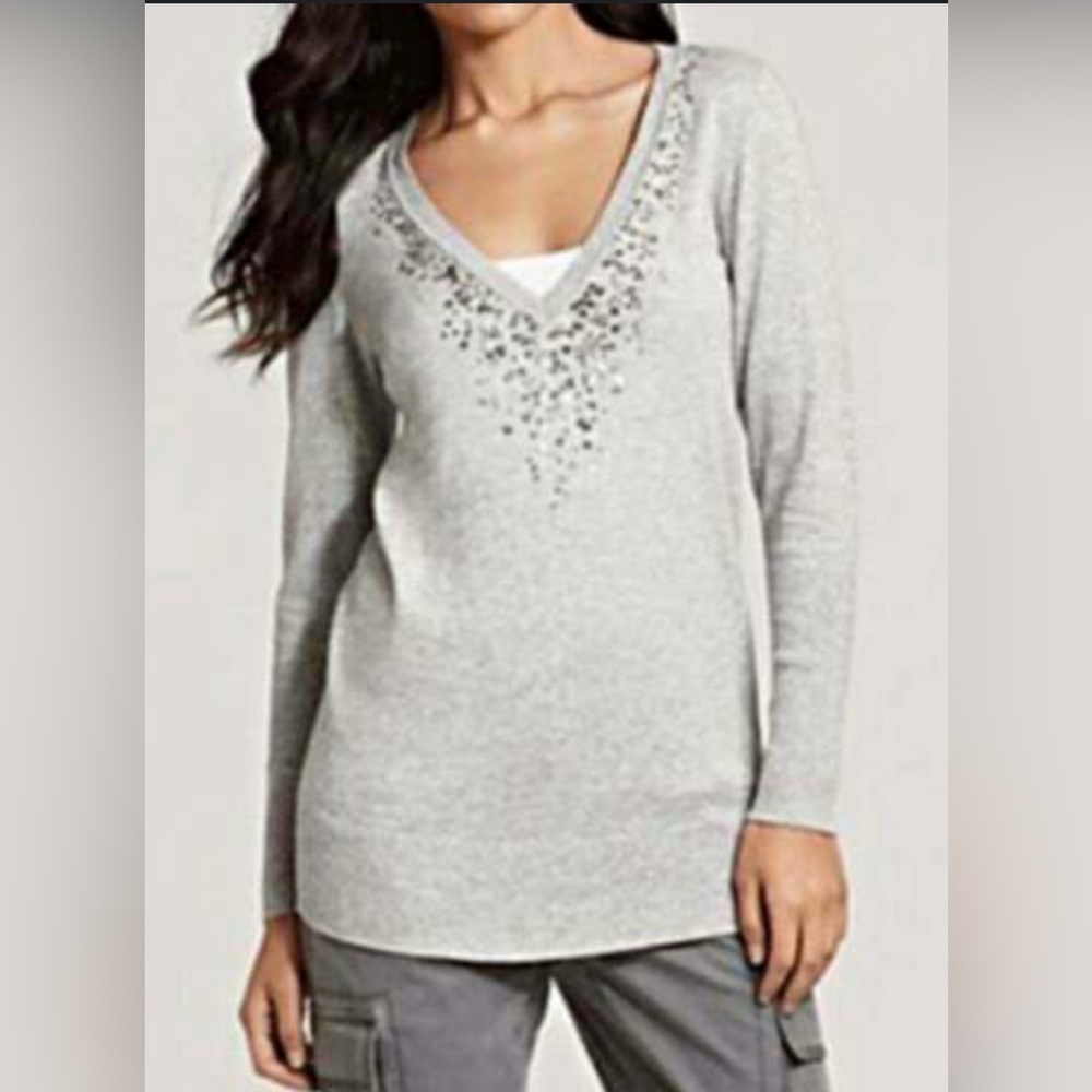 EILEEN FISHER Sweater Small Organic Cotton Cashmere Knit Sequin V-Neck Gray